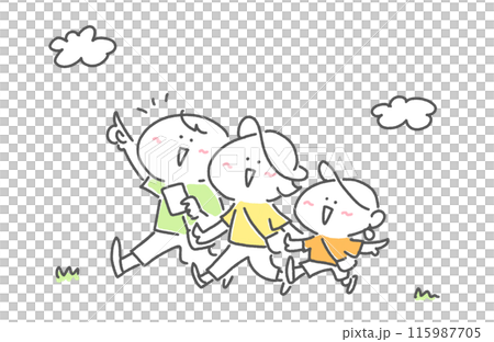 笑顔でお出かけする3人家族　半袖　指差し 115987705