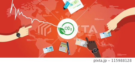 carbon pricing going down decrease low carbon tax exchange market carbon dioxide trading in global map background 115988128