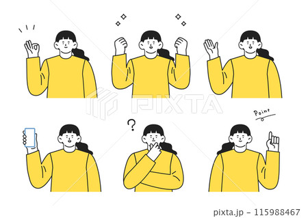 ポーズをとる女性の上半身イラストセット ポーズをとる女性の上半身イラストセット 115988467