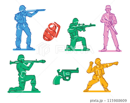 Colorful toys miniatures soldier figurine collection vintage retro style hand drawn cartoon character children game army military 115988609