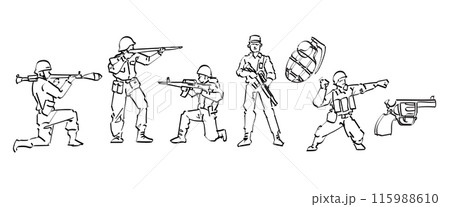 hand drawn cartoon character for children game or military combat toy soldier collection pose action illustration 115988610