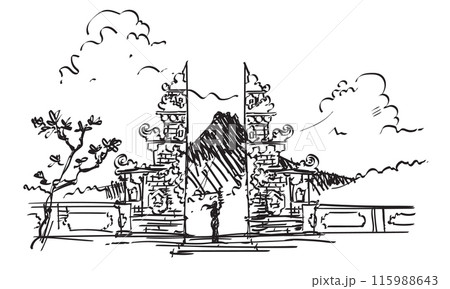 Bali Balinese gate architecture of traditional temple with mountain and tree scene hand drawing illustration sketch Bali Balinese gate architecture of traditional temple with mountain and tree scene hand drawing illustration sketch 115988643