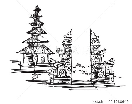 Bali temple Balinese building architecture gate traditional hand drawing sketch illustration temple Indonesia 115988645