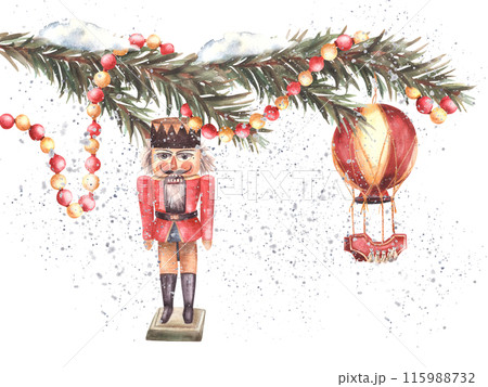 The Nutcracker, garland, hot air ballon under the snowy branch of Christmas tree toys. Traditional new year fir decoration. Watercolor hand drawn illustration Festive card template Isolated background The Nutcracker, garland, hot air ballon under the snowy branch of Christmas tree toys. Traditional new year fir decoration. Watercolor hand drawn illustration Festive card template Isolated background 115988732