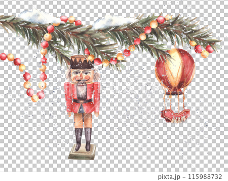 The Nutcracker, garland, hot air ballon under the snowy branch of Christmas tree toys. Traditional new year fir decoration. Watercolor hand drawn illustration Festive card template Isolated background The Nutcracker, garland, hot air ballon under the snowy branch of Christmas tree toys. Traditional new year fir decoration. Watercolor hand drawn illustration Festive card template Isolated background 115988732