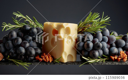 Cheese with walnuts, blue grapes, and rosemary. 115989036