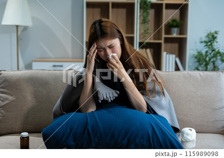 Woman feeling sick and headache, health care concept. Woman feeling sick and headache, health care concept. 115989098