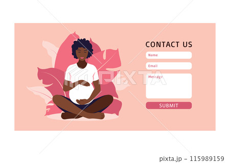Contact us template of yoga for pregnant yoga concept. Wellness and healthy lifestyle in pregnancy. African woman expecting a baby doing yoga exercises. Contact us template of yoga for pregnant yoga concept. Wellness and healthy lifestyle in pregnancy. African woman expecting a baby doing yoga exercises. 115989159