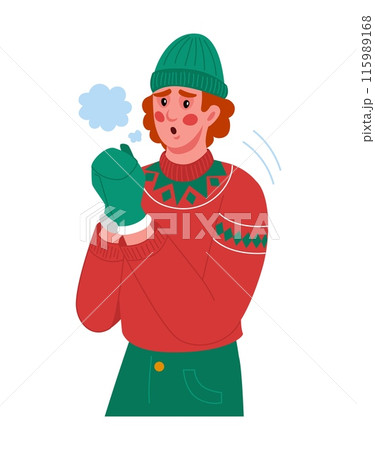 Cold weather. Freezing man. Guy shivering from frost. Winter season. Warm outerwear. Low temperature. Hat and sweater. Unhappy trembling person. Frosty breath steam. Wintertime clothes. Vector concept 115989168