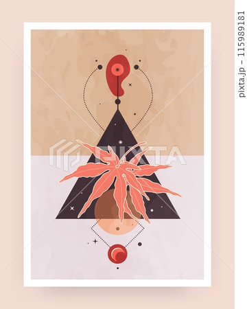 Boho poster. Magic figures. Astrology stars. Esoteric geometry. Flat triangle and circle collage. Spiritual galaxy. Moon pentagram. Abstract frame. Occult leaves. Bohemian design. Vector tarot card Boho poster. Magic figures. Astrology stars. Esoteric geometry. Flat triangle and circle collage. Spiritual galaxy. Moon pentagram. Abstract frame. Occult leaves. Bohemian design. Vector tarot card 115989181