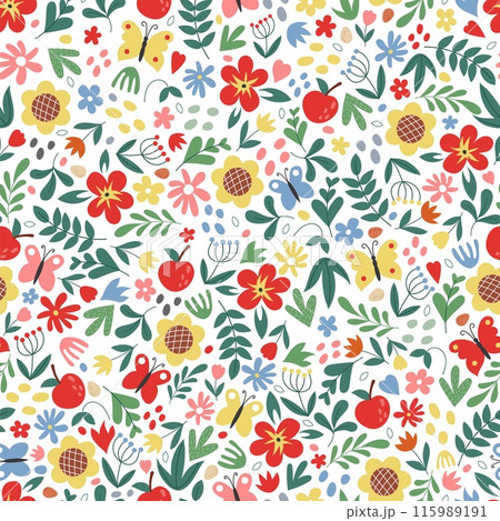 Cute flower pattern. Seamless texture. Spring summer girls background. Tiny leaves and bouquet. Decor textile, wrapping and wallpaper. Print for fabric. Cartoon vector botanical modern illustration 115989191