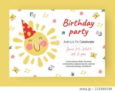 Birthday party invitation. Cartoon sun smile. Kids holiday. Celebration event. Festive sunshine. Happy face with hat. Children fun. Invite template. Cute flowers and butterflies. Vector card design Birthday party invitation. Cartoon sun smile. Kids holiday. Celebration event. Festive sunshine. Happy face with hat. Children fun. Invite template. Cute flowers and butterflies. Vector card design 115989196
