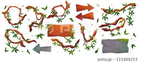 Game forest. Stone and wood element. Frame board, sign bamboo. UI liana decor, rock signboard. Icon tree, wall, arrow, different badge, circle panel with palm leaves. Vector cartoon isolated set 115989253