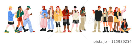 People with phones. Modern persons call. Mobile chatting. Young friends community. Happy men and women use smartphones. Casual students walk. Gadgets user. Camera selfie. Characters groups vector set People with phones. Modern persons call. Mobile chatting. Young friends community. Happy men and women use smartphones. Casual students walk. Gadgets user. Camera selfie. Characters groups vector set 115989254