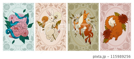 Mystic Boho cards. Animals and flowers. Vintage bohemian astrology floral mammals. Magic deer. Occult tattoo. Mystery alchemy. Snake on peony. Hare totem. Wild witch fox. Vector esoteric posters set Mystic Boho cards. Animals and flowers. Vintage bohemian astrology floral mammals. Magic deer. Occult tattoo. Mystery alchemy. Snake on peony. Hare totem. Wild witch fox. Vector esoteric posters set 115989256