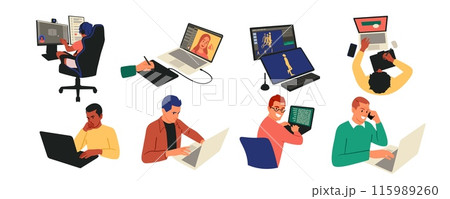 Design programming. UX UI app web data. Business startup team. Programmer coding software and testing application. Marketing content. Digital interface computer. Game development designers vector set Design programming. UX UI app web data. Business startup team. Programmer coding software and testing application. Marketing content. Digital interface computer. Game development designers vector set 115989260