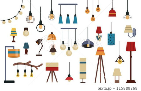Lamp set, chandelier collection. Light shade home interior isolated decorative elements. Old and modern decor. Icon design for ceiling. Retro lantern room, different bulb. Vector flat tidy Lamp set, chandelier collection. Light shade home interior isolated decorative elements. Old and modern decor. Icon design for ceiling. Retro lantern room, different bulb. Vector flat tidy 115989269
