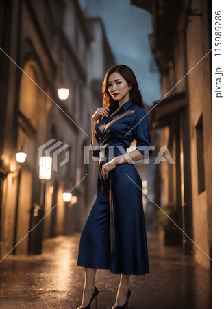 夕暮れの街を歩く若く美しい女性 115989286