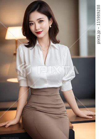 デスクに腰掛ける若く美しいキャリアウーマン 115989288