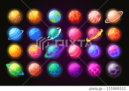 Space icon cartoon gloving planets. Galaxy elements, Earth and moon, universe different planets. Game sticker set, element gradient, color star, purple design. Vector UI fantasy cosmos garish sky 115989322