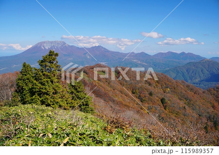 鳥取と岡山の県境にある毛無山山頂の紅葉と大山から蒜山のパノラマ風景　Ver2 115989357
