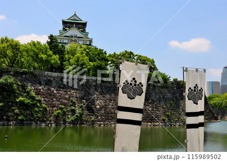 晴天の大阪城天守 と 豊臣の錦旗 旗印 晴天の大阪城天守 と 豊臣の錦旗 旗印 115989502