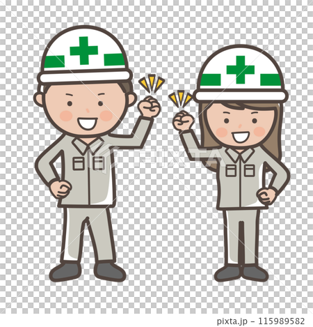 Full-body illustration of male and female construction workers full of motivation with a fist pump 115989582