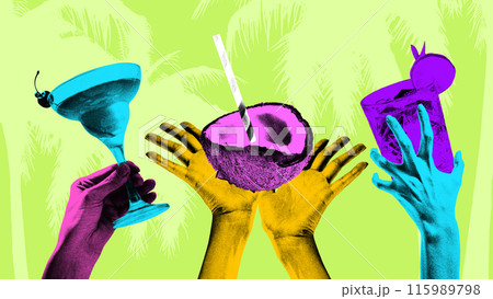 Contemporary art collage. Hands holding tropical drinks against bright green background with tropical palm leaves. Grainy fabric effect. 115989798
