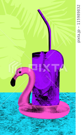 Contemporary art collage. Neon purple cocktail, in pink flamingo float, against bright green background with tropical leaves and blue water surface 115989832