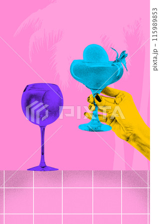 Contemporary art collage. Colorful cocktails in vibrant hues, held up by hands against backdrop of palm trees, and pool, embodying summer fun. Grainy fabric effect. Contemporary art collage. Colorful cocktails in vibrant hues, held up by hands against backdrop of palm trees, and pool, embodying summer fun. Grainy fabric effect. 115989853