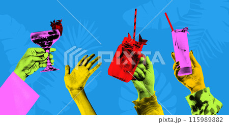 Contemporary art collage. Cocktails held by hands in colorful filter, set against blue sky with palm trees. Grainy fabric effect. Contemporary art collage. Cocktails held by hands in colorful filter, set against blue sky with palm trees. Grainy fabric effect. 115989882