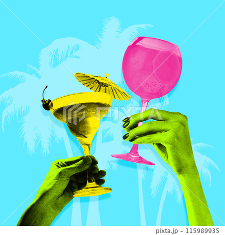 Contemporary art collage. Tropical party scene with colorful drinks and green hands, embodying fun and relaxation. Grainy fabric effect. 115989935