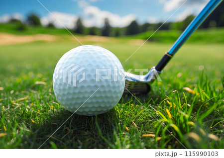 緑のゴルフ場の芝とゴルフボール	 緑のゴルフ場の芝とゴルフボール	 115990103