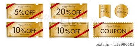 誕生日セールに使える高級感のある金のクーポンベクターアイコンセット 115990502