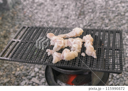 【オートキャンプ場でソロキャンプ　網で白モツを焼く】　 115990872
