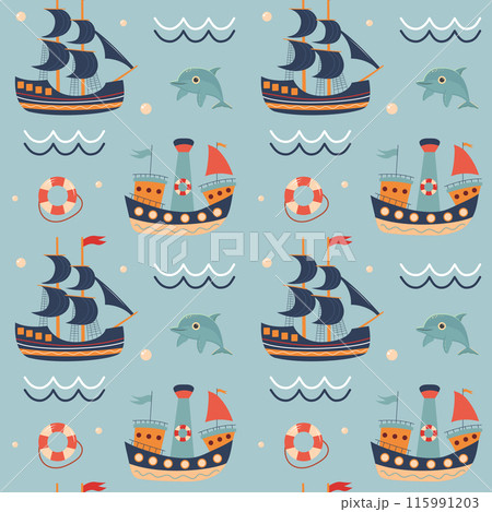 Seamless pattern with sailing ships, dolphin, lifebuoy, waves and bubbles. Cute Marine pattern for fabric, baby clothes, background, textile, wrapping paper. Nursery art style. 115991203