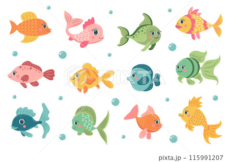 Cute fish set. Collection Of Different Kinds Of Cartoon Fishes. 115991207