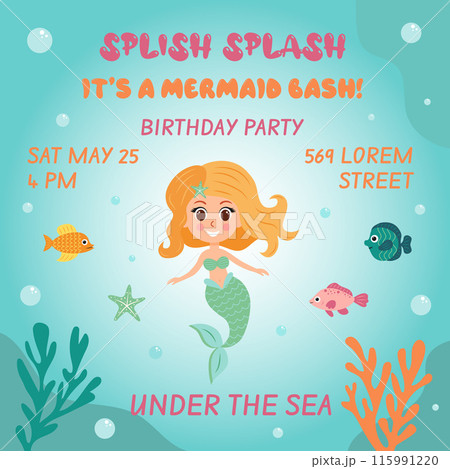 Birthday invitation with mermaid. Vector template of mermaid theme birthday party invitation. 115991220