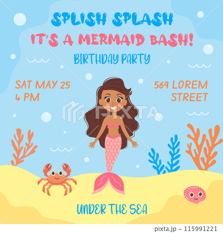 Birthday invitation with mermaid. Vector template of mermaid theme birthday party invitation. 115991221