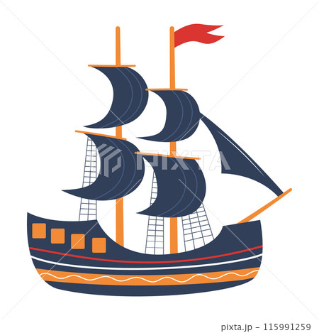 Cute ship. Sailing boat. Nursery art scandinavian style childish ship. Marine transport clipart. Nautical theme. 115991259