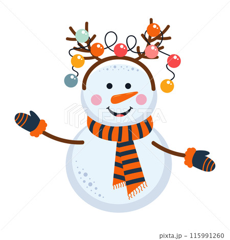 Cute snowman with deer horns and garland. Cartoon winter character in warm scarf and mittens. Nursery art scandinavian style. Cute snowman with deer horns and garland. Cartoon winter character in warm scarf and mittens. Nursery art scandinavian style. 115991260