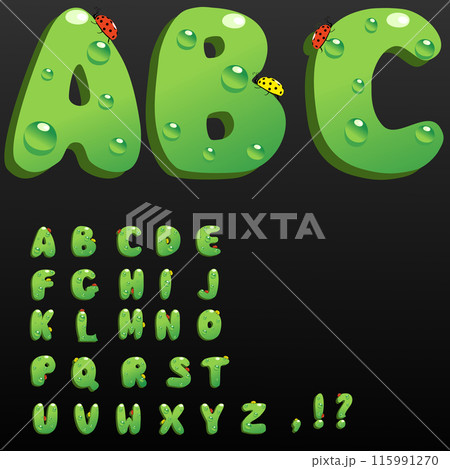 font 26 green letters with water droplets in the theme of environment protection animal plants. Vector illustration green letters with shadow and crawling ladybugs in red and yellow. The set includes font 26 green letters with water droplets in the theme of environment protection animal plants. Vector illustration green letters with shadow and crawling ladybugs in red and yellow. The set includes 115991270