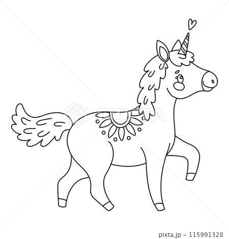 Cute magical unicorn. Hand drawn doodle, line art coloring book magical pony  115991328