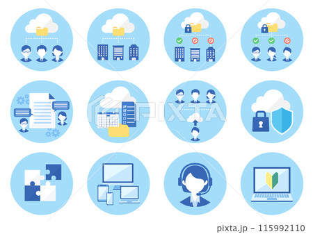 データのクラウド共有サービスに関連するフラットなアイコンセット 115992110