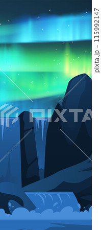 Colorful aurora borealis polar lights on starry night sky mountains and waterfall landscape vector vertical illustration 115992147