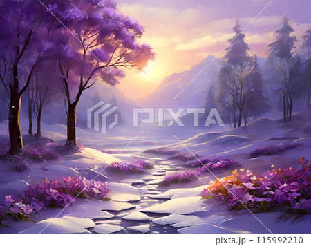 Violet flowers in the cold snow.のイラスト素材 [115992210] - PIXTA