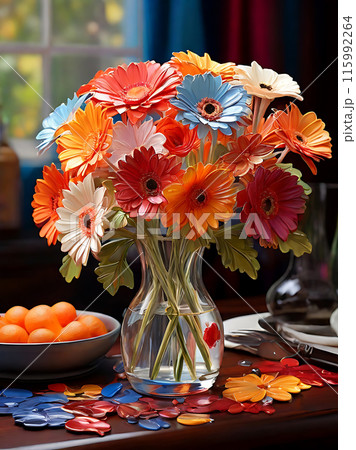 Gerberas in glass vase. 115992264