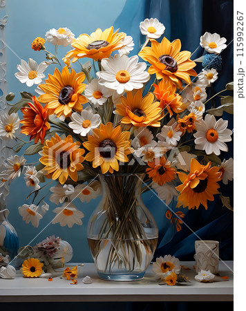 Gerberas in glass vase. 115992267