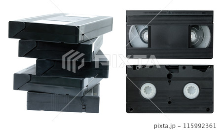 Set of retro old analog video cassettes, isolated on transparent background, retro things concept 115992361