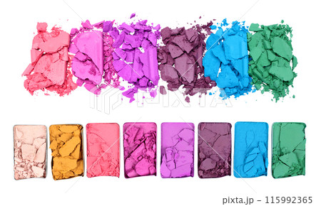 Set of Broken and Smashed Color Make-Up Eyeshadow Palletes, isolated on transparent background 115992365